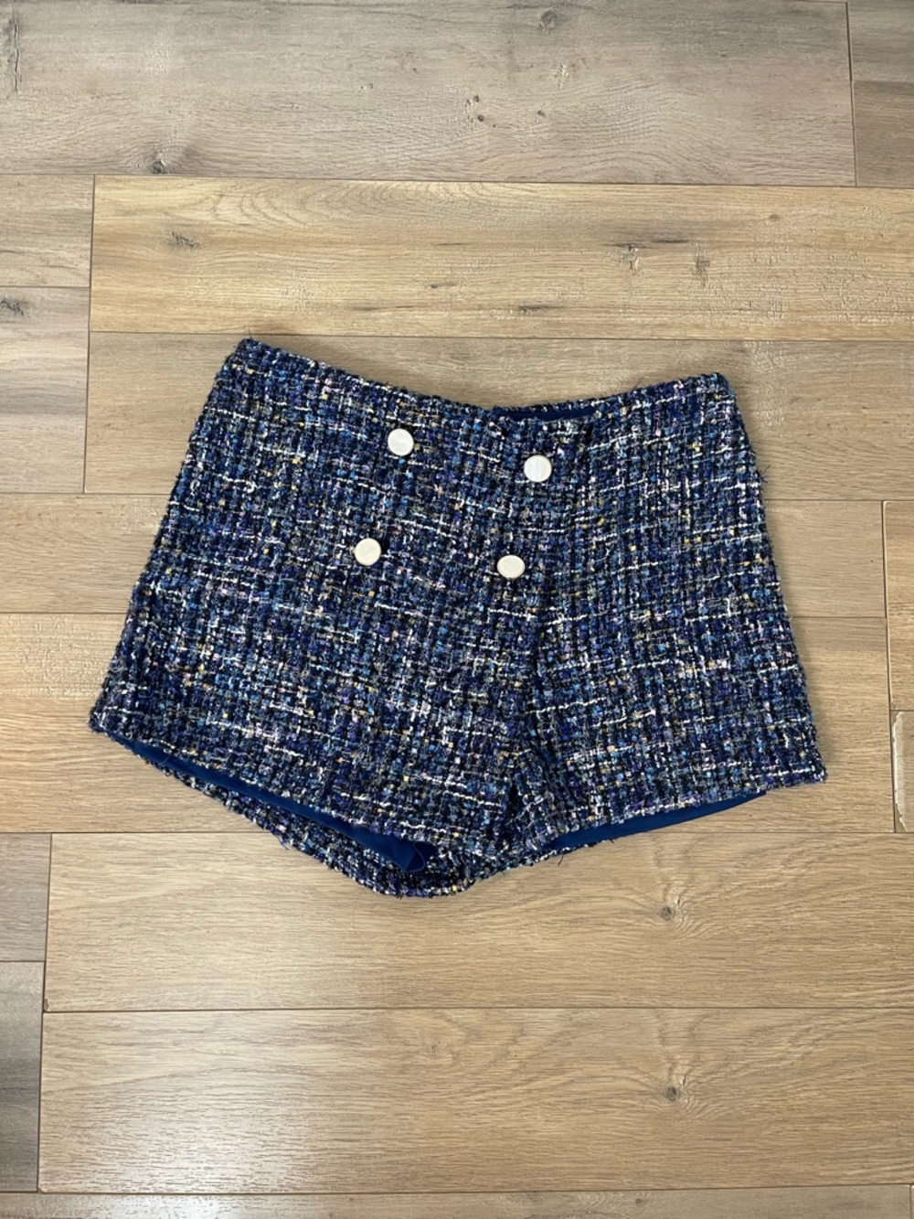 chic Blue Multi Tweed High-Waist Button Front Shorts